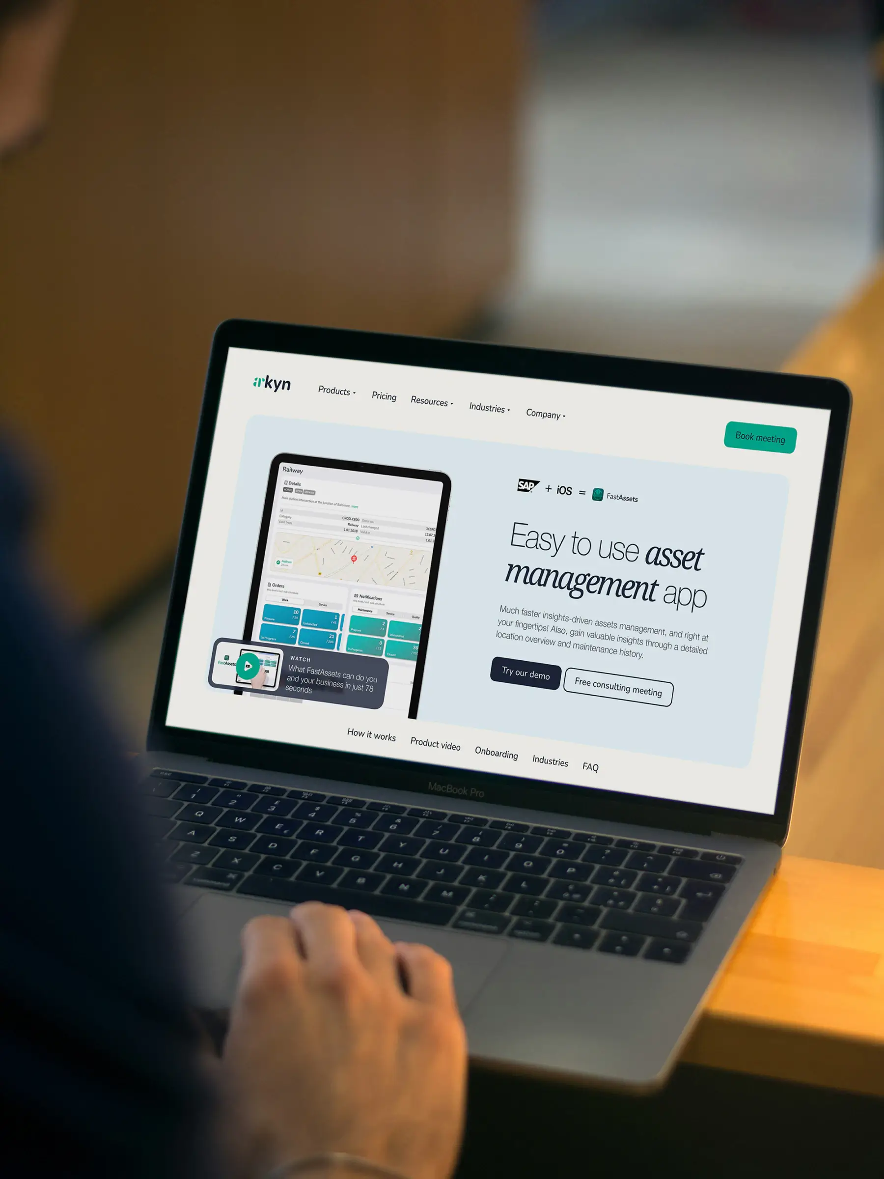 Arkyn product page displayed on a MacBook Pro in an office environment, showcasing polished UI design, product thinking, and digital craftsmanship by Morten Stig Christensen.