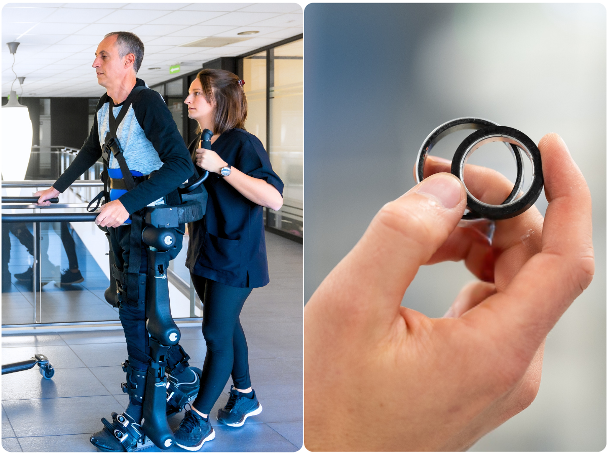 Exoskeleton with slotted motor, and a slotless motor.