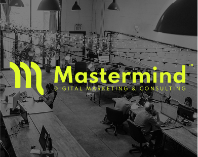Black and white office picture with bright green company logotype