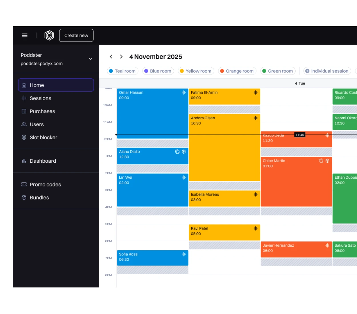 Dashboard interface showing studio overview with total revenue of AED128,000.63, total hours 432, and average hour value AED201.63, plus detailed room statistics including total hours, total value, hourly value, and occupancy percentages.