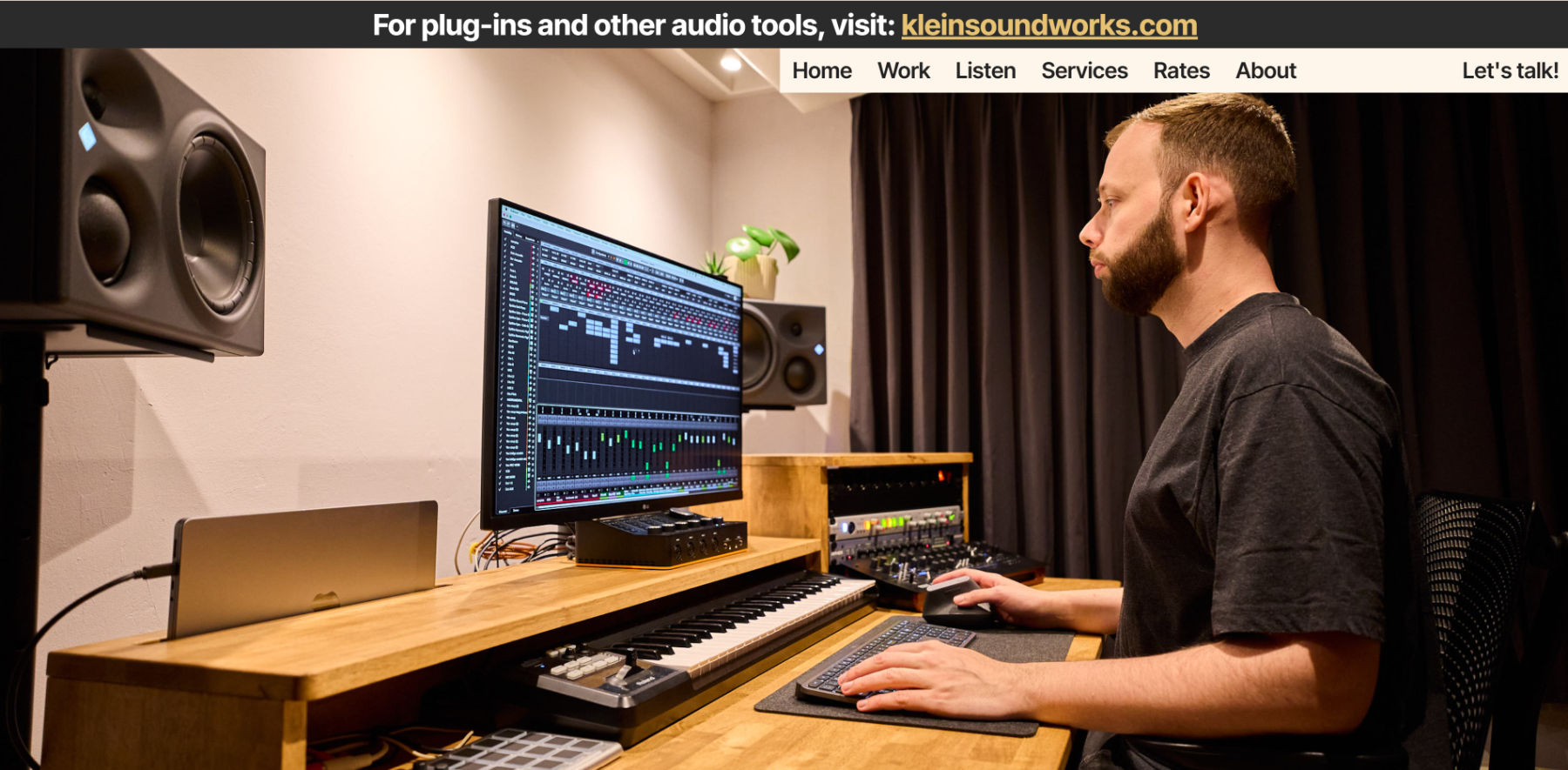 Klein Soundworks studio site with the shop cross-promotion bar pinned above its own navigation
