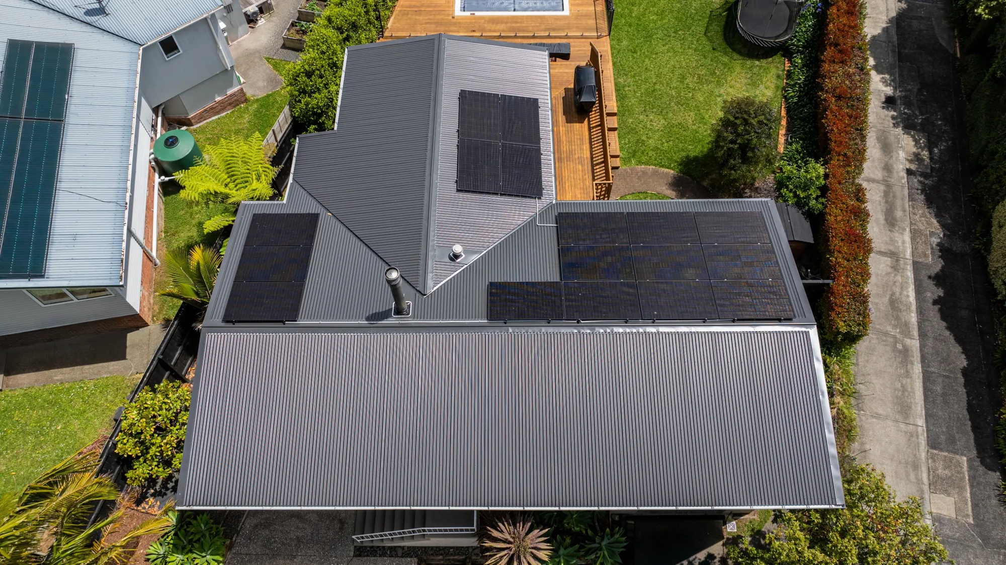 Overhead aerial view of the completed Hillcrest reroof with solar panels