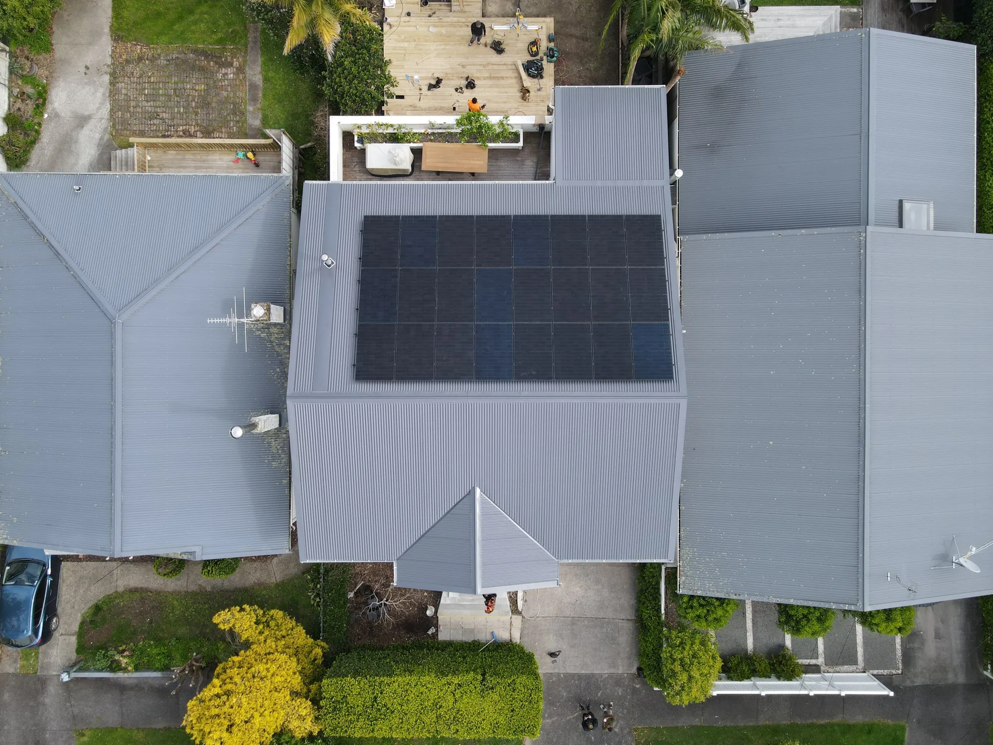 Overhead view of the solar array and front hip on the new Westmere roof