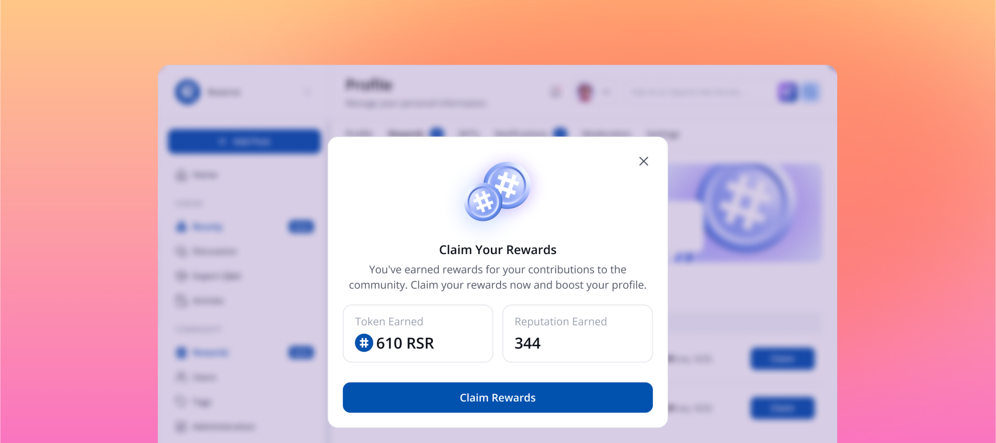 User incentives in community platforms — claim earned tokens and reputation points for contributions, boosting engagement and profile status in Web3 forums.