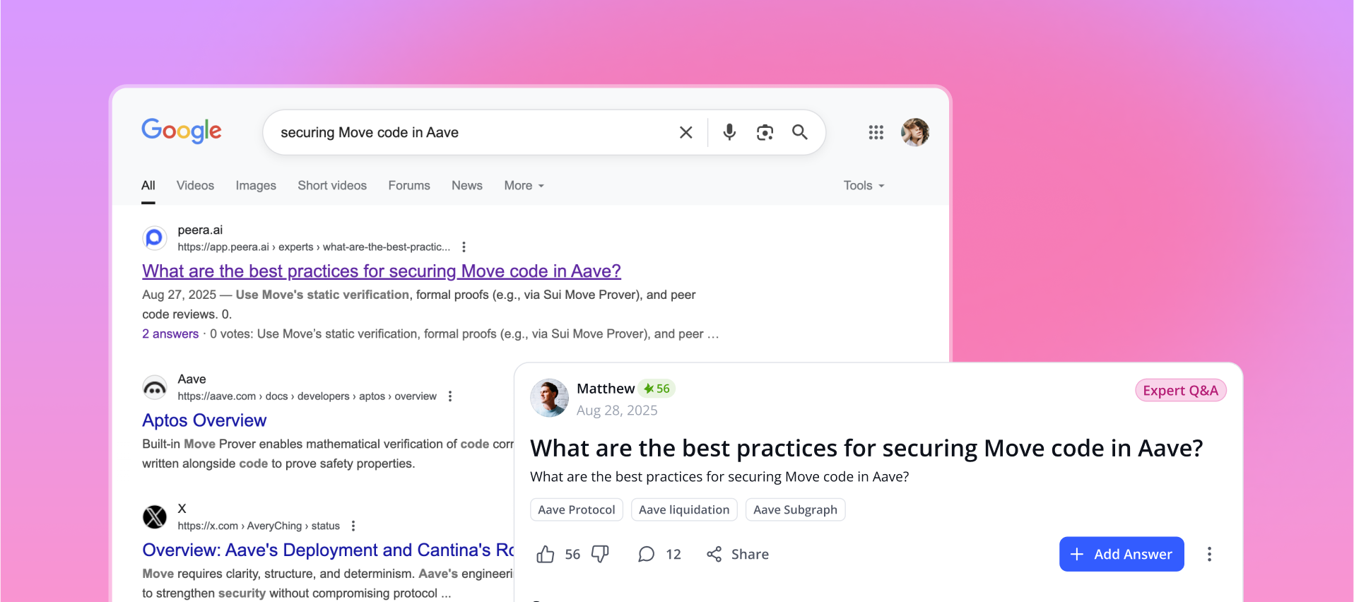 SEO-optimized community content ranking on Google — “What are the best practices for securing Move code in Aave?” shown in search results and forum Q&A, driving organic traffic for Web3 developers.