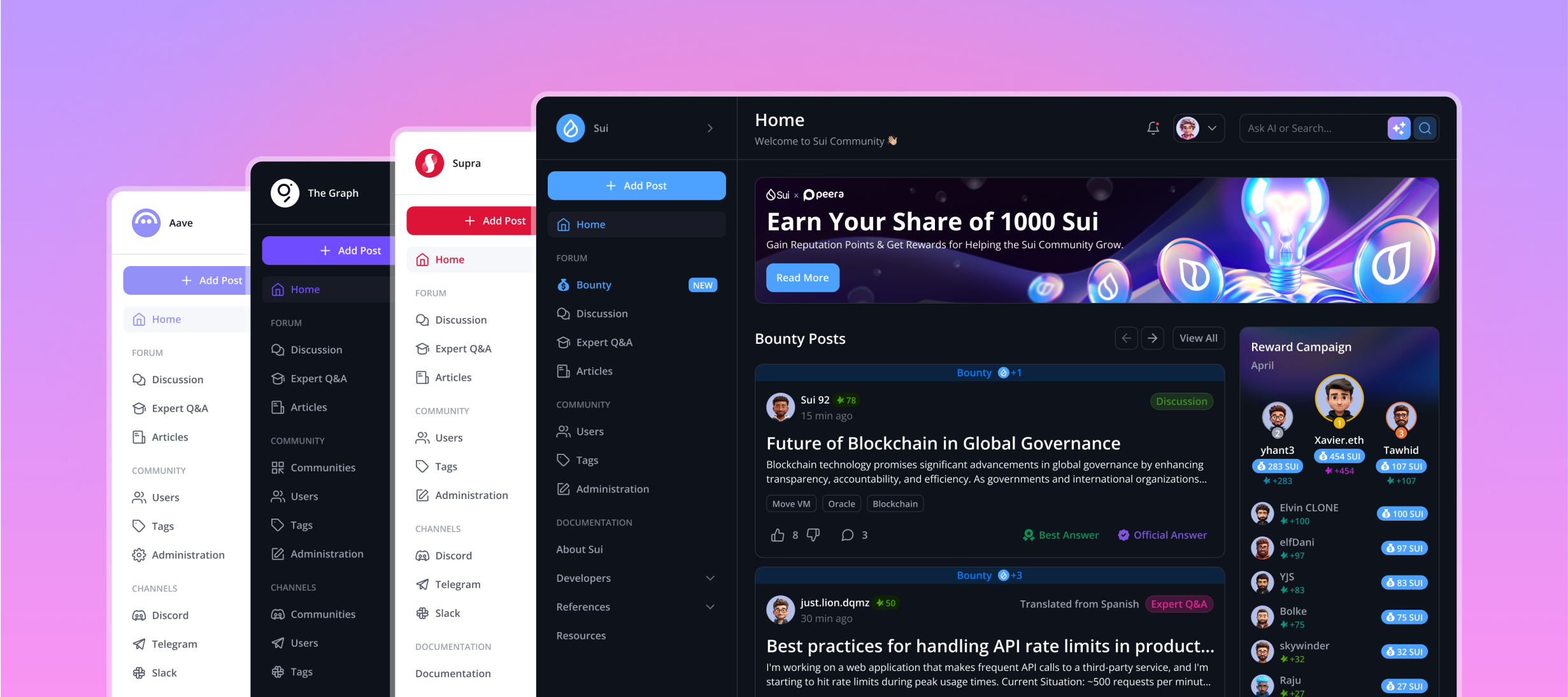 Free hosted forum platforms including Aave, The Graph, Supra, and Sui — customizable community interfaces with bounty posts, user rewards, AI search