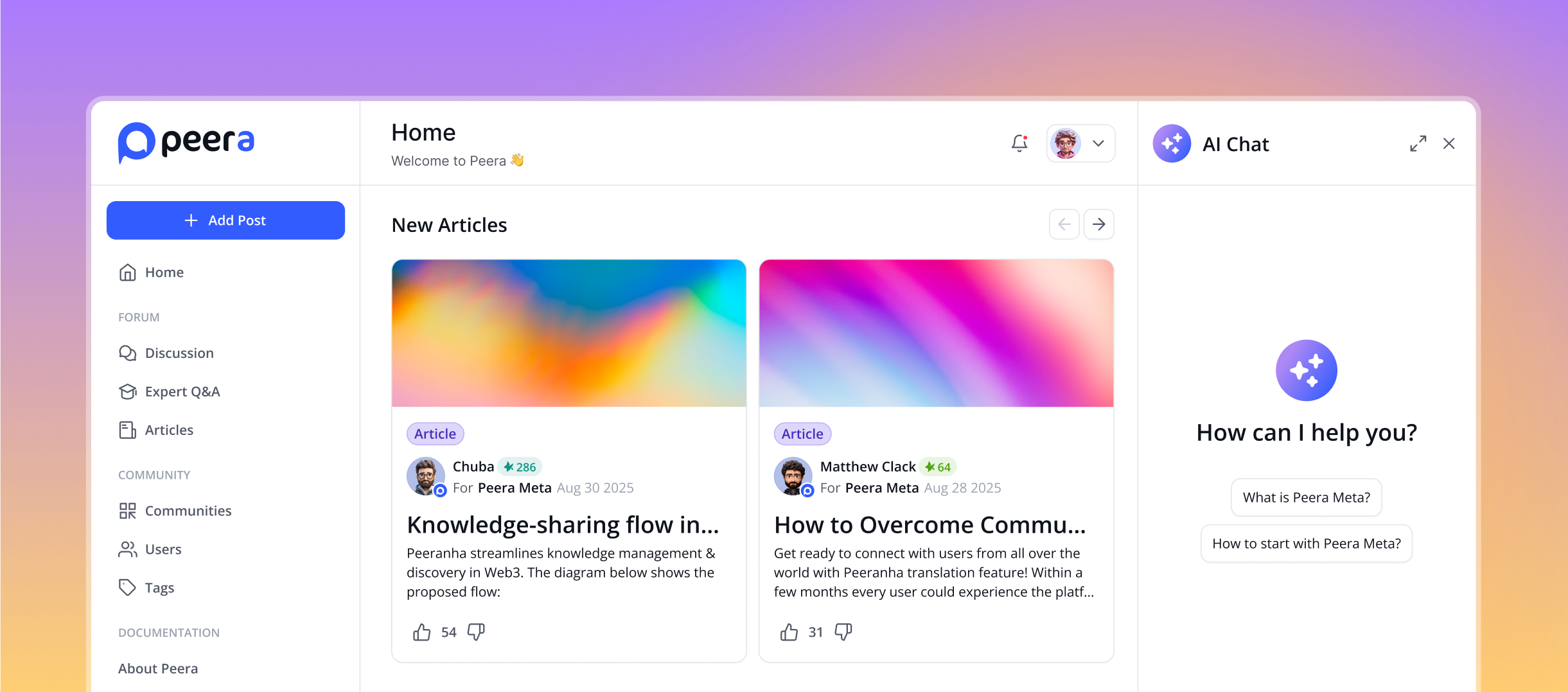 AI-powered community platform with smart chat assistant and knowledge-sharing tools — enhancing user engagement and content discovery in Web3 forums