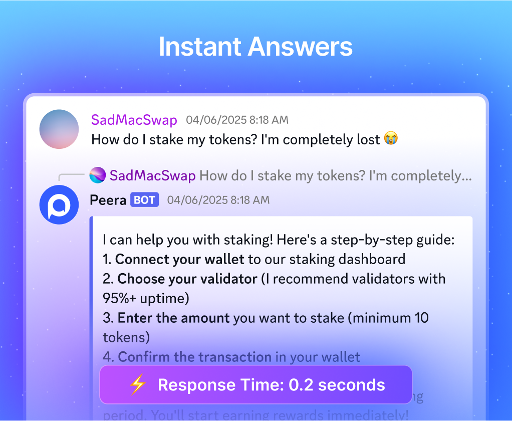 Chat interface screenshot. User asks at: 'How do I stake my tokens? I'm completely lost 😭'. The Peera BOT replies instantly with a step-by-step guide: 1) Connect your wallet to the staking dashboard, 2) Choose a validator (recommends 95%+ uptime), 3) Enter amount (minimum 10 tokens), 4) Confirm in your wallet. A purple banner below highlights ‘Response Time: 0.2 seconds’ with a lightning bolt icon.