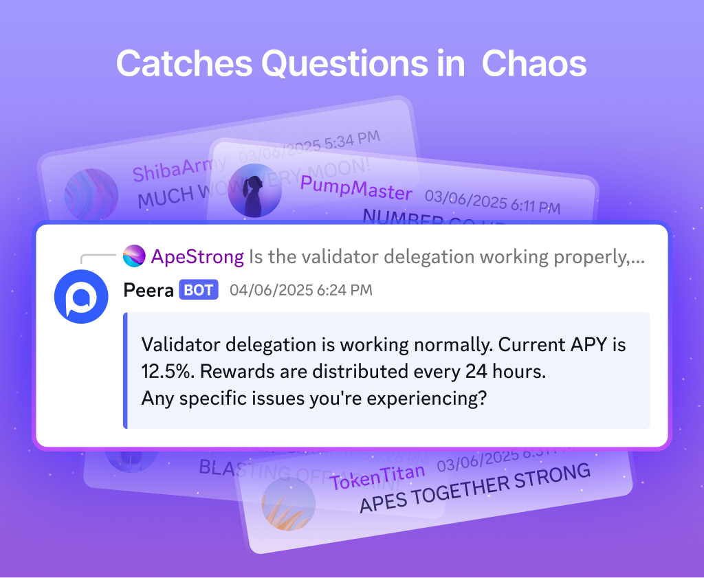 Chat interface screenshot. User asks: 'Is the validator delegation working properly,...'. The Peera BOT replies: 'Validator delegation is working normally. Current APY is 12.5%. Rewards are distributed every 24 hours. Any specific issues you're experiencing?' Faded chat bubbles from other users appear in the background, suggesting a busy or chaotic environment.