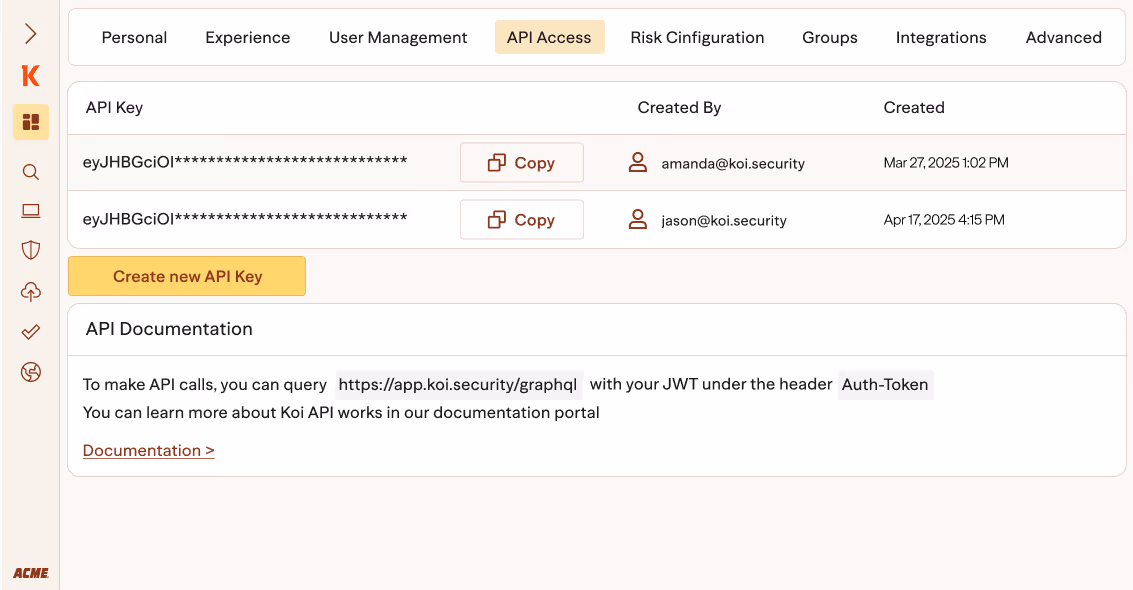 Koi platform API screen