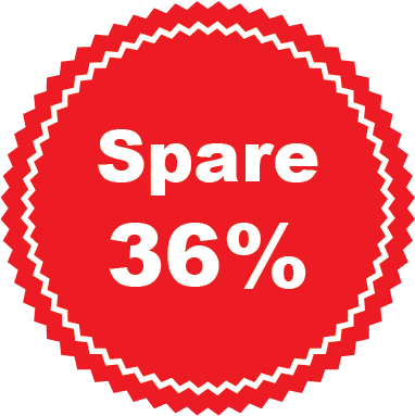 Rotes, gezacktes Schild mit weißem Text: Spare 36%.