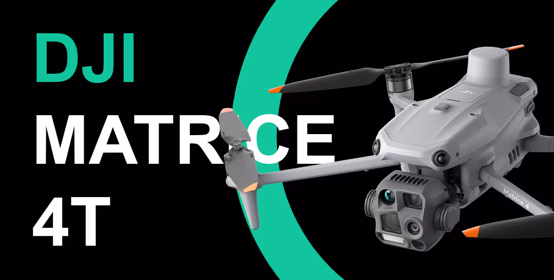 DJI Matrice 4T Drohne vor schwarzem Hintergrund mit grünem Halbkreis.