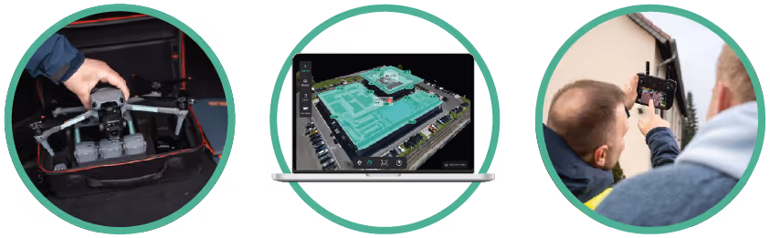Drei runde Bilder: links eine Person, die eine Drohne aus einer Transporttasche hebt, Mitte ein Laptop mit Gebäudemodell in 3D-Ansicht, rechts zwei Männer, die mit einem Smartphone ein Haus fotografieren.