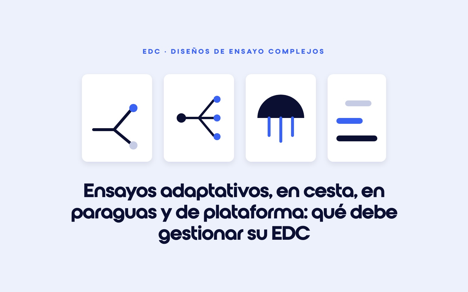 Cuatro iconos para los ensayos adaptativos, en cesta, en paraguas y de plataforma, con el título «qué debe gestionar su EDC»