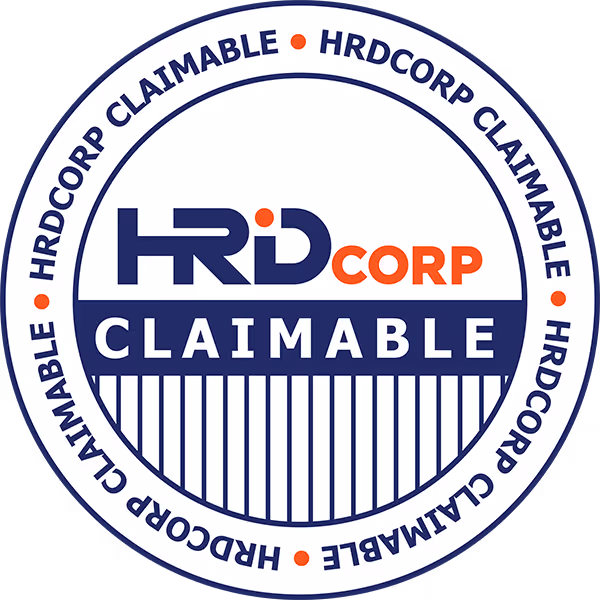 Circular badge logo with text 'HRDcorp' in bold and 'Claimable' underneath, surrounded by repeated text 'HRDCORP CLAIMABLE' with orange dots on a dark blue background.