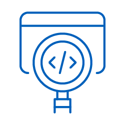 Browser window with magnifying glass highlighting code symbols.