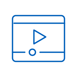 Blue outlined icon of a video player with a play button and progress bar.