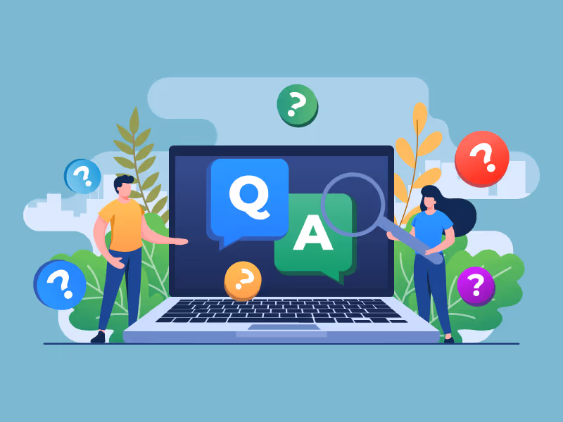 Illustration of a man and woman next to a laptop showing Q and A speech bubbles, surrounded by colorful question marks and plants.