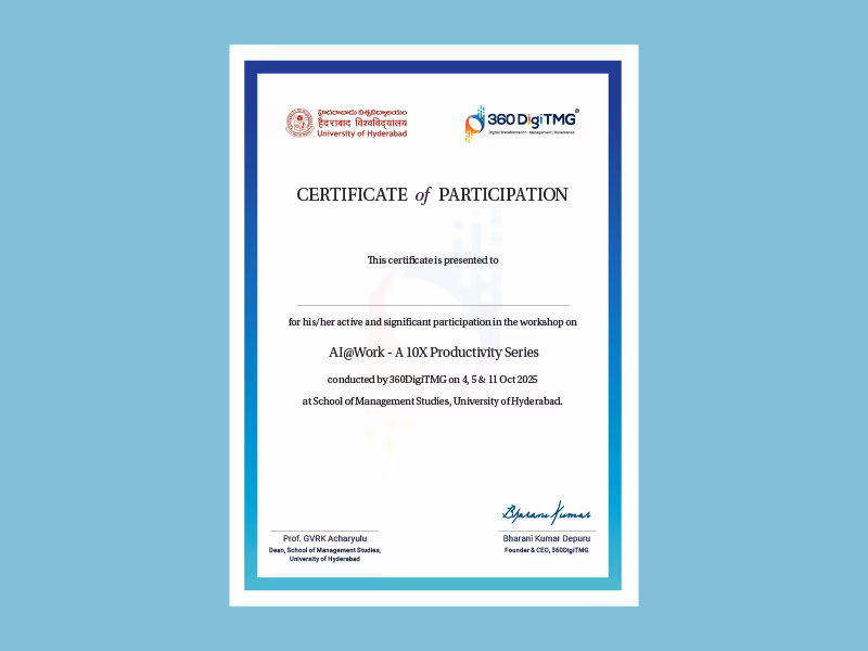 Certificate of Participation from University of Hyderabad and 360 DigiTMG for active participation in AI@Work - A 10X Productivity Series workshop held on 4, 5, and 11 Oct 2025.