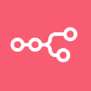 White branching network icon on a pink background representing connections or nodes.