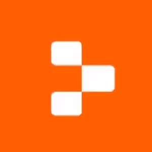 White geometric symbol with three square shapes connected on an orange background.
