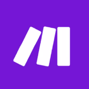 White stylized three vertical rectangles resembling books or blocks on a purple background.
