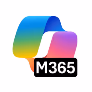 Colorful ribbon forming an abstract M shape with 'M365' text in white on a black rectangle.