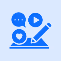 Blue icons of a speech bubble with three dots, a play button, a heart, and a pencil writing on a horizontal line, symbolizing communication, media, love, and writing.