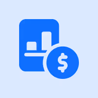 Blue icon showing a bar chart with three bars and a dollar sign coin in front.