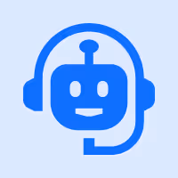 Blue chatbot icon wearing a headset on a light blue background.