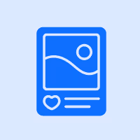 Blue icon of a social media post showing an image, a heart like symbol, and text lines on a light blue background.