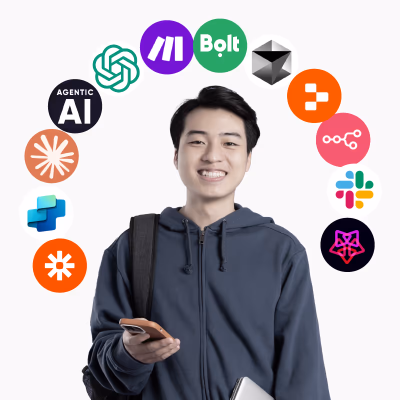 Smiling young man in a navy hoodie holding a phone and laptop with various tech and AI company logos arranged in an arc above him.