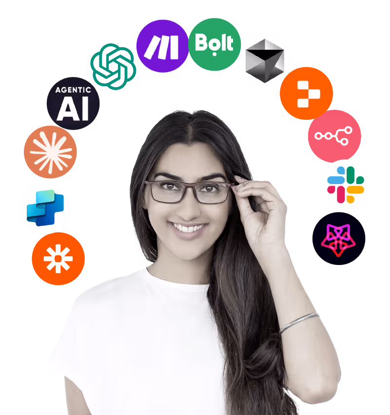 Smiling woman adjusting her glasses surrounded by various technology and AI company logos in a semicircle above her head.