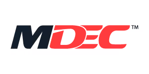 MDEC logo with black and red lettering.