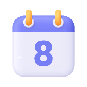 Calendar icon showing the number 8 with purple and white design and yellow rings at the top.