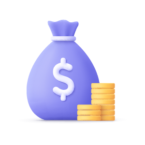 Purple money bag with a dollar sign beside two stacks of gold coins.