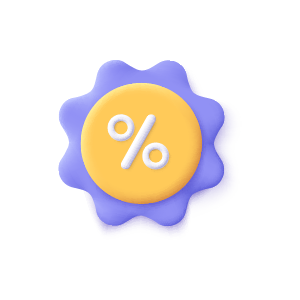 Icon of a yellow badge with a white percentage symbol on a purple starburst background.