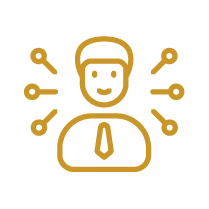 Golden icon of a person wearing a tie with six wrench symbols around the head, representing technical support or service.