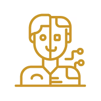 Golden line art icon of a person with abstract design elements around the head and shoulders.