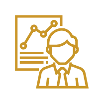 Icon of a person in a suit in front of a chart with upward trending data points.
