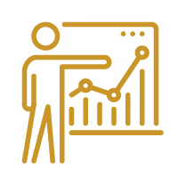 Icon of a person pointing to an upward trending graph on a presentation board.