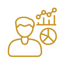 Icon of a person with financial graphs and a pie chart representing data analysis.