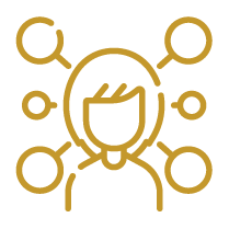 Icon of a person with multiple connected circles radiating around the head representing ideas or networking.