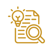 Document icon with a light bulb and a magnifying glass representing idea research or analysis.