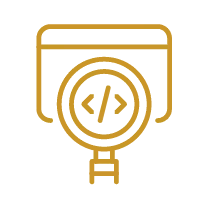 Magnifying glass highlighting code brackets on a browser window icon.