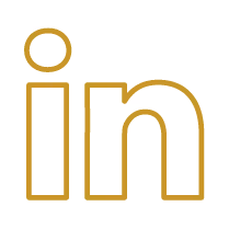 LinkedIn logo with gold outline on white background.