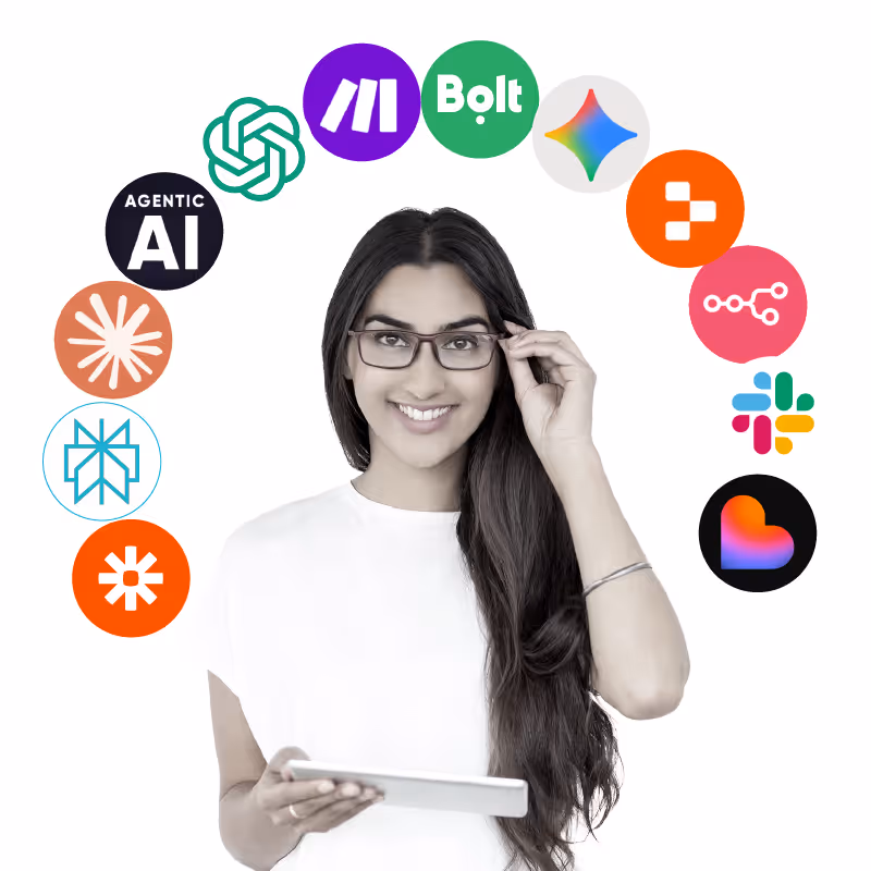 Smiling woman in glasses holding a tablet with technology and AI company logos arranged in a semicircle above her.