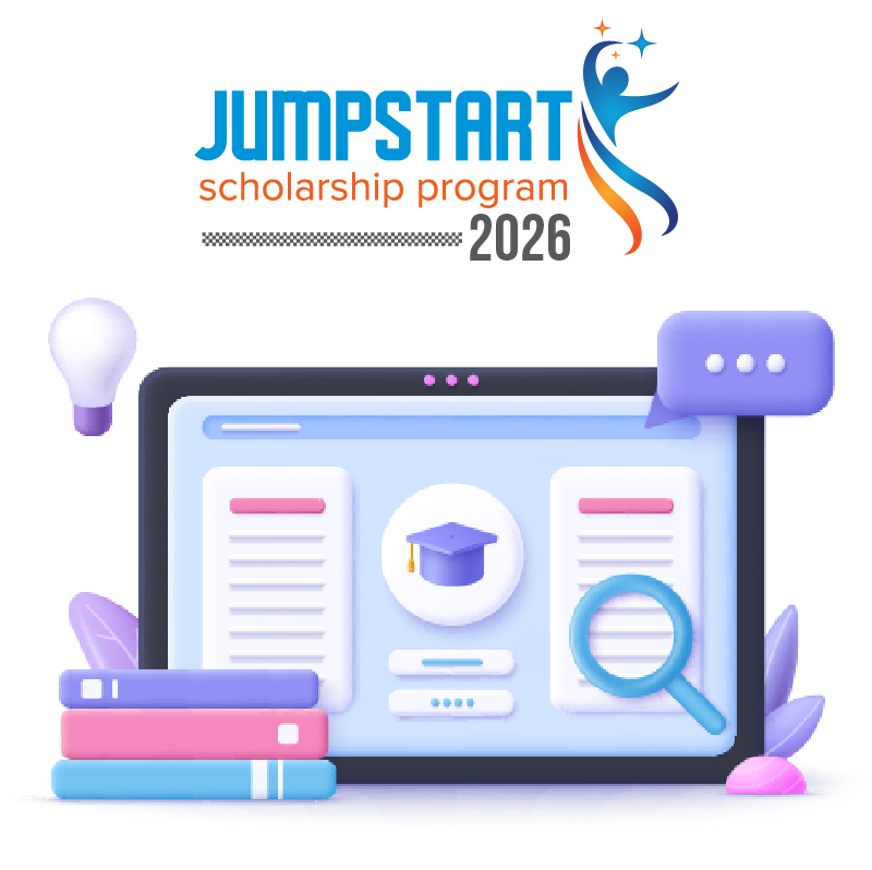 Tablet displaying up to 50% scholarships offer with a graduation cap icon, surrounded by books, a light bulb, clouds, a gear, a paper plane, and a play button.