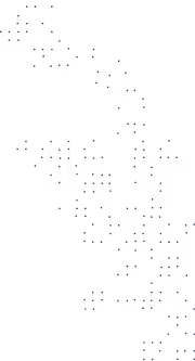 Black and white abstract ink drawing with flowing lines and scattered dots resembling a branch or vine.