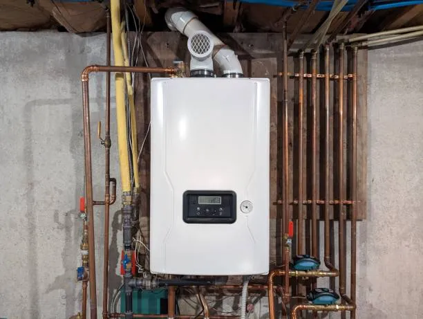 Modern white tankless water heater mounted on a wall with surrounding copper pipes and ventilation ducts.
